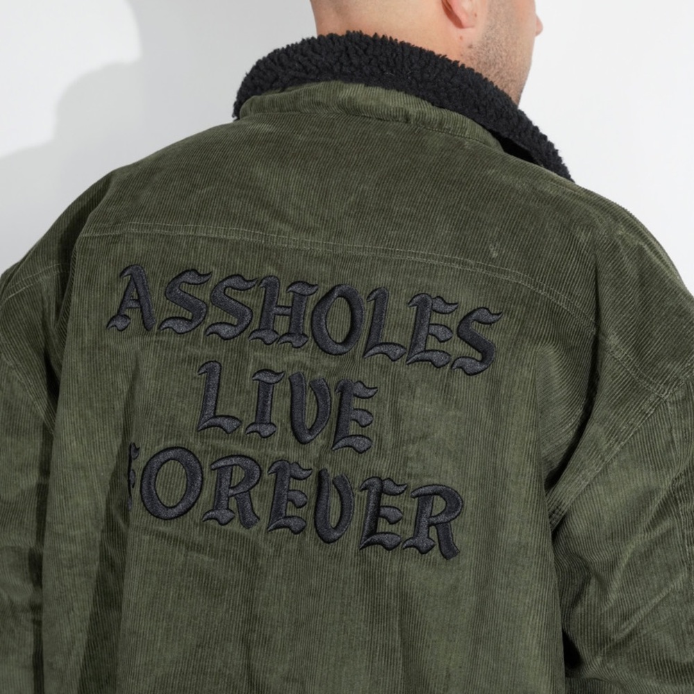 “Assholes Live Forever” branded men’s jacket size XL. Blk/Blk corduroy and logos